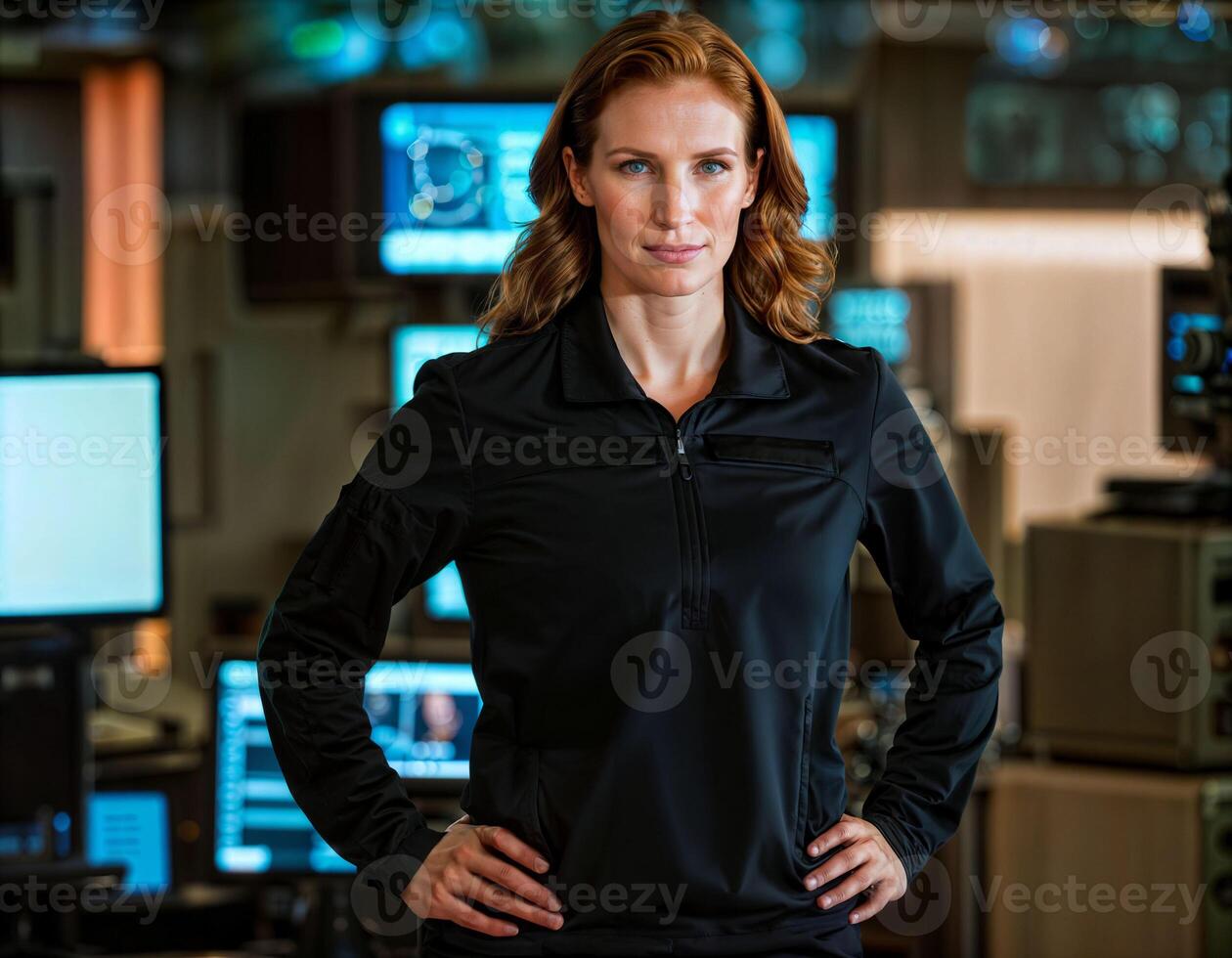 ai généré photo de magnifique femme comme une le commandant agent portant noir longue manche chemise et tactique haleter avec moniteur et écran dans contrôle commander chambre, génératif ai