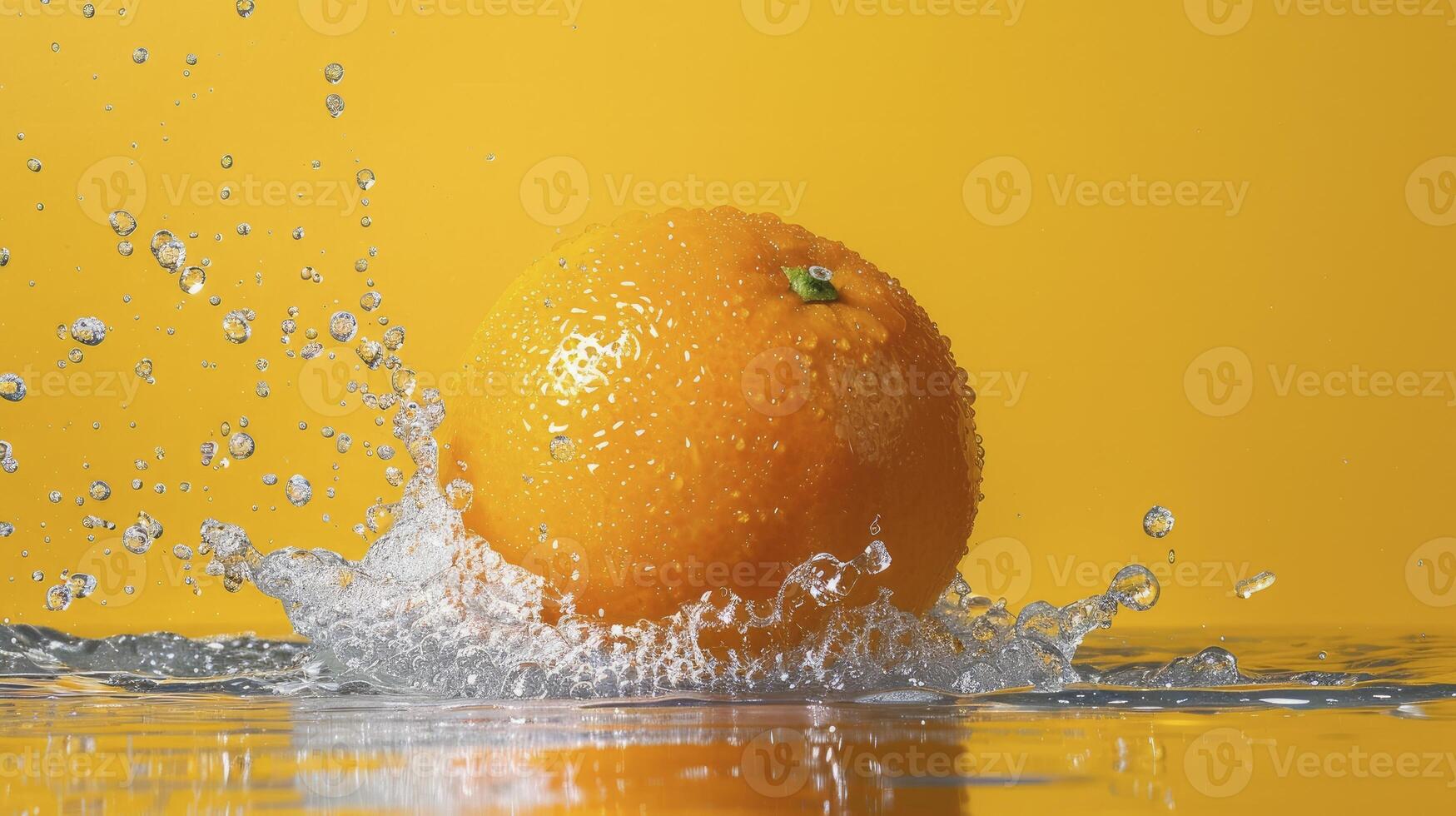 ai généré Orange fruit sur le l'eau isolé sur Jaune Contexte photo