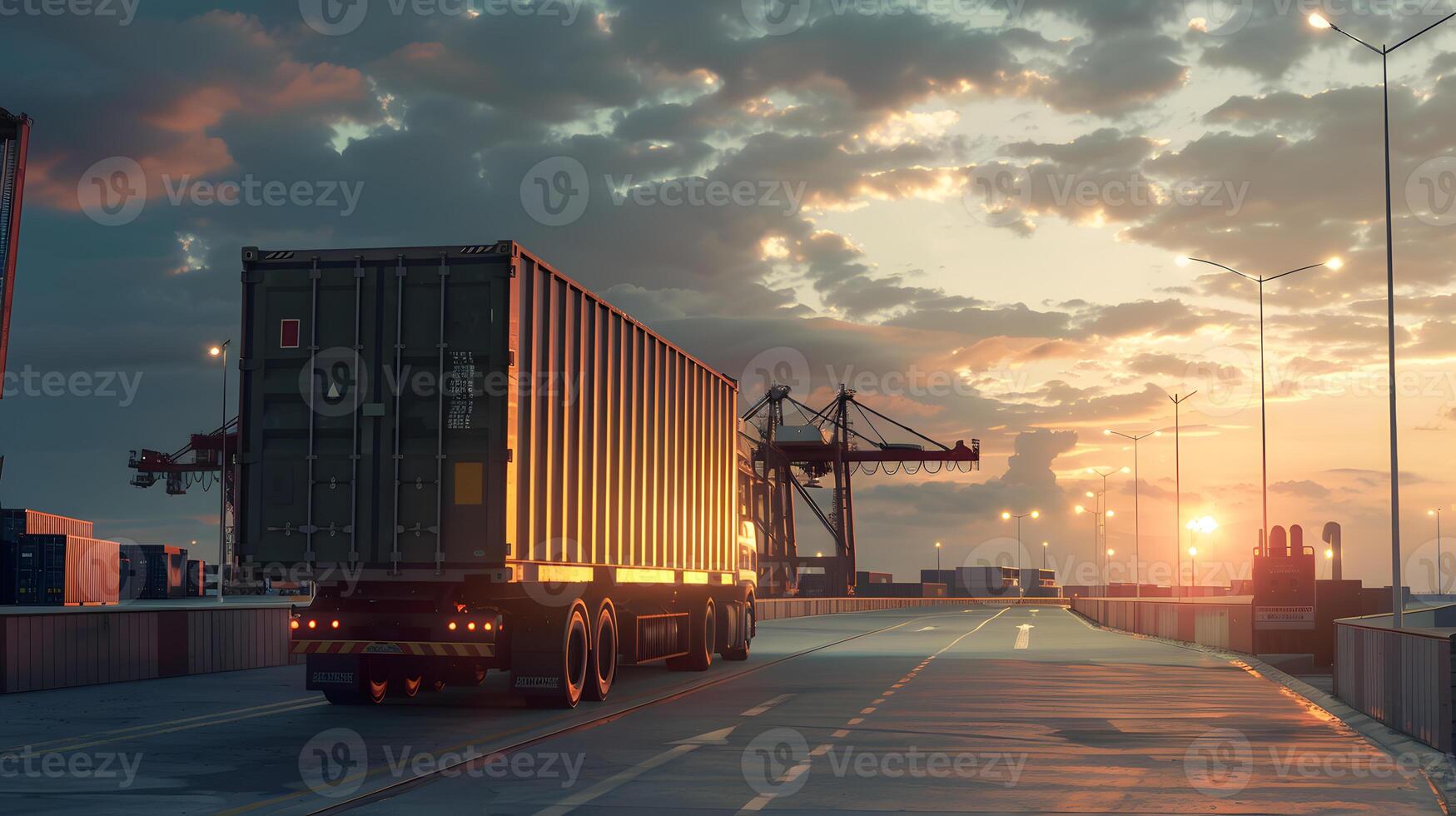 ai généré un camion bande annonce sur le jetée dans le cargaison Port Terminal avec grues et conteneurs. ai généré photo