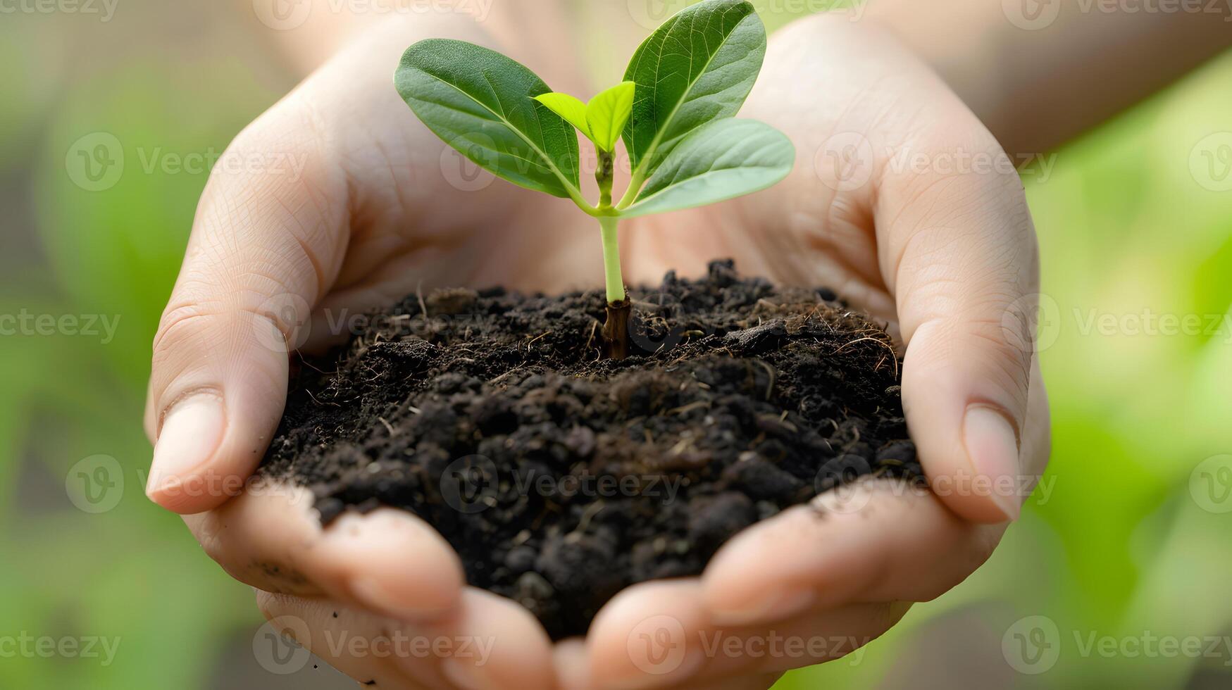 ai généré Humain paumes tenir sol avec une vert petit plante comme une concept pour affaires développement. ai généré photo