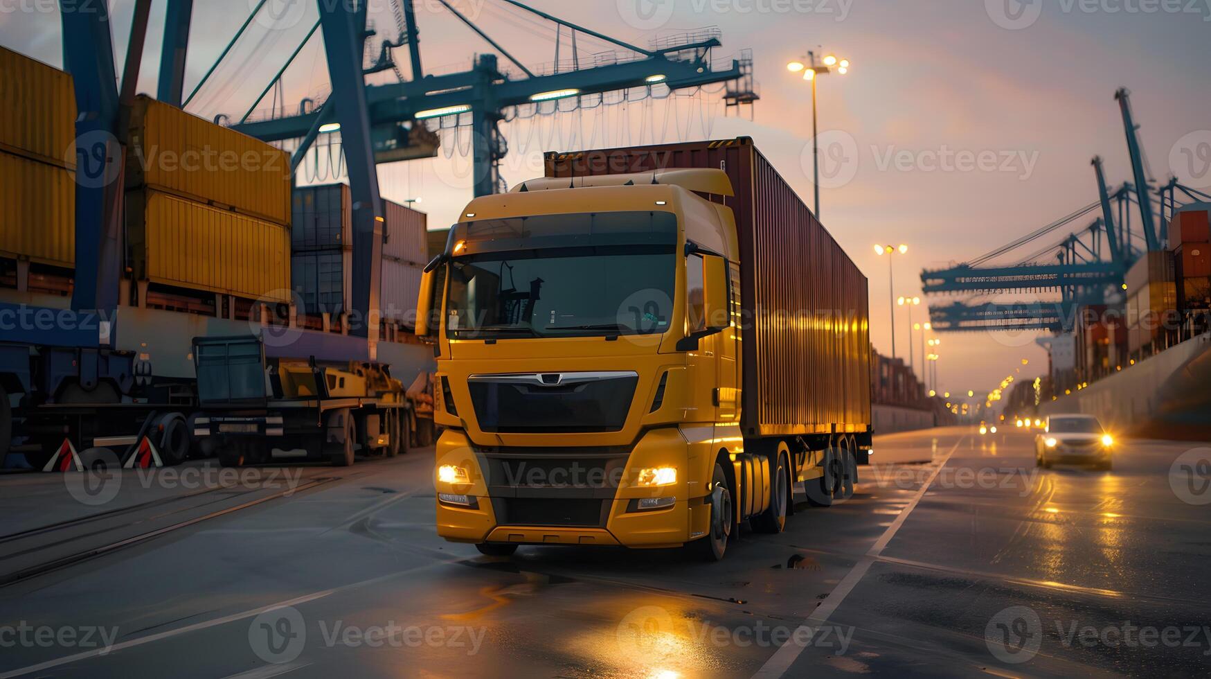 ai généré un camion bande annonce sur le jetée dans le cargaison Port Terminal avec grues et conteneurs. ai généré photo