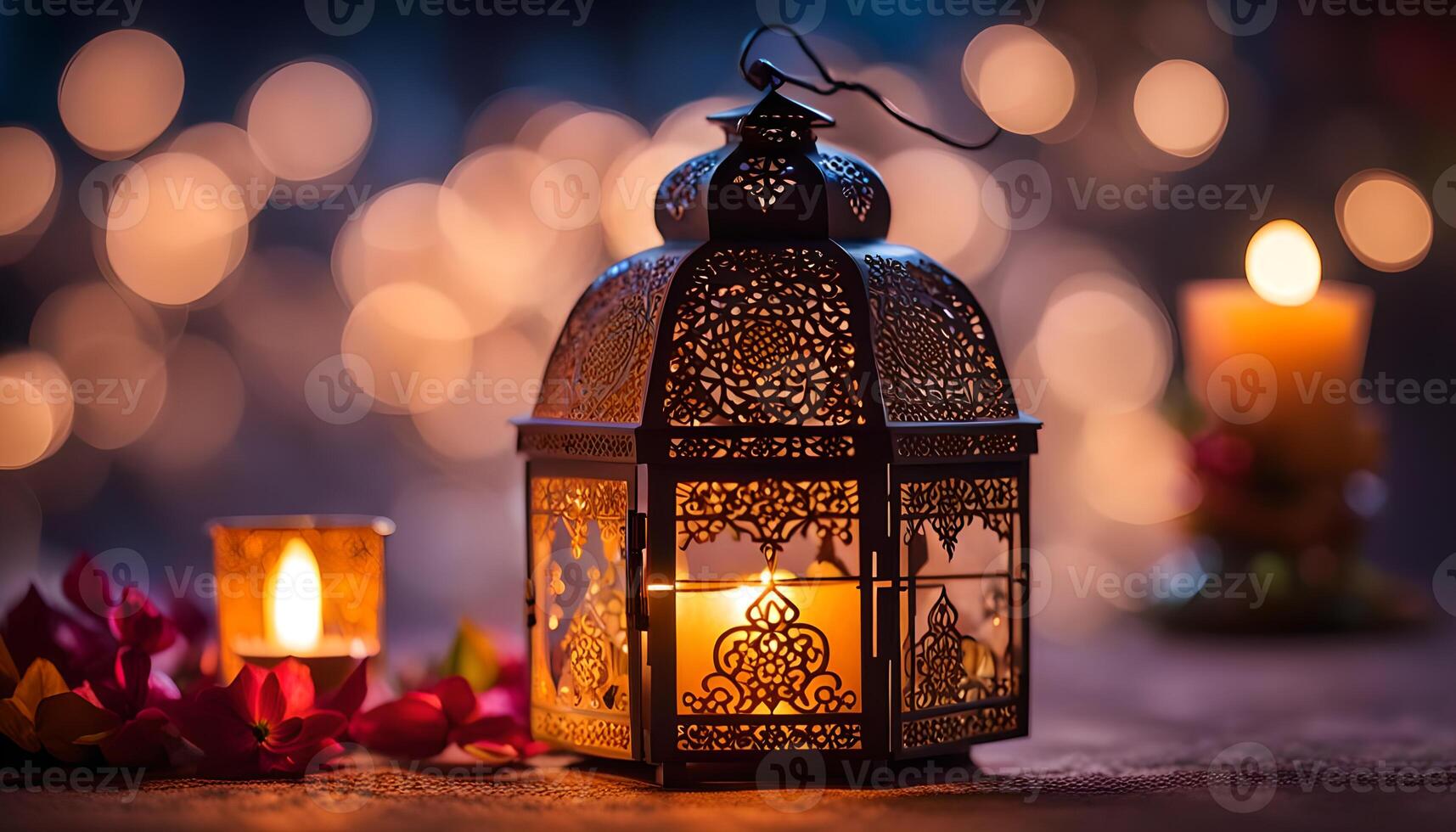 ai généré ornemental arabe lanterne avec brûlant bougie embrasé à nuit. photo