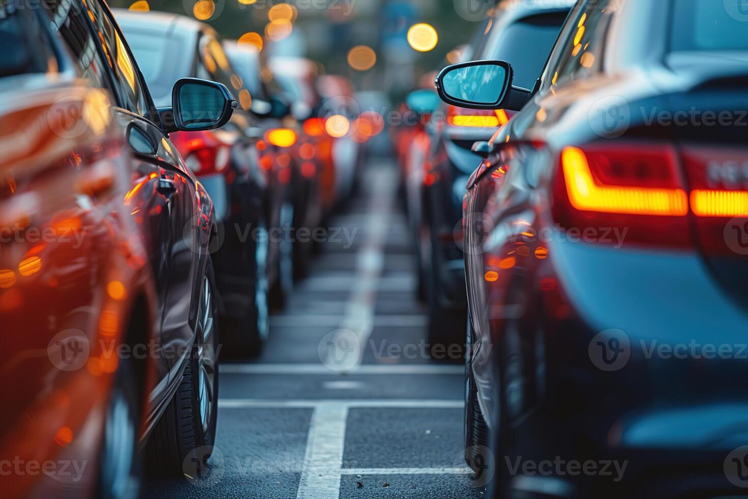 ai généré vue de le espace entre beaucoup voitures garé dans le parking lot photo