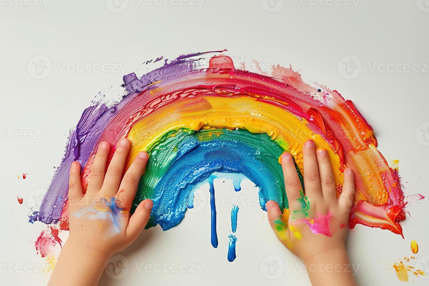 ai généré enfants mains dessiner arc en ciel sur le blanc mur avec brillant Couleur photo