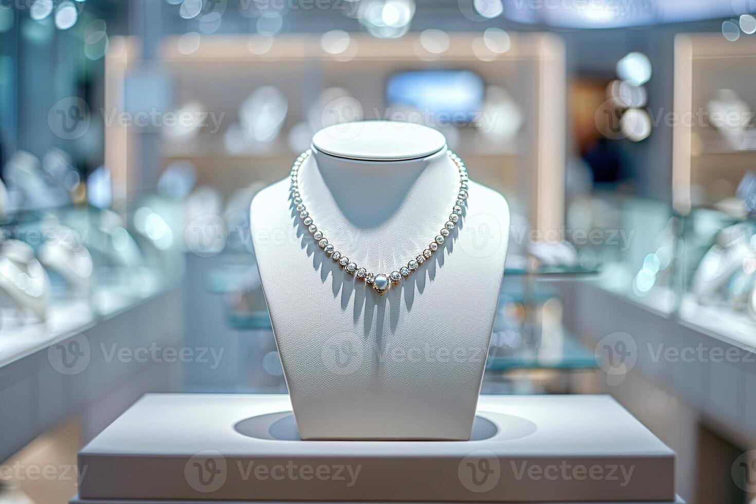 ai généré magnifique coûteux argent chaîne diamant Collier dans une vitrine à une bijoux boutique photo