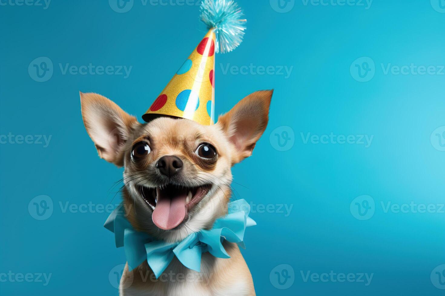 ai généré mignonne content souriant chihuahua chien portant une fête anniversaire chapeau et volant sur une lumière bleu studio Contexte photo