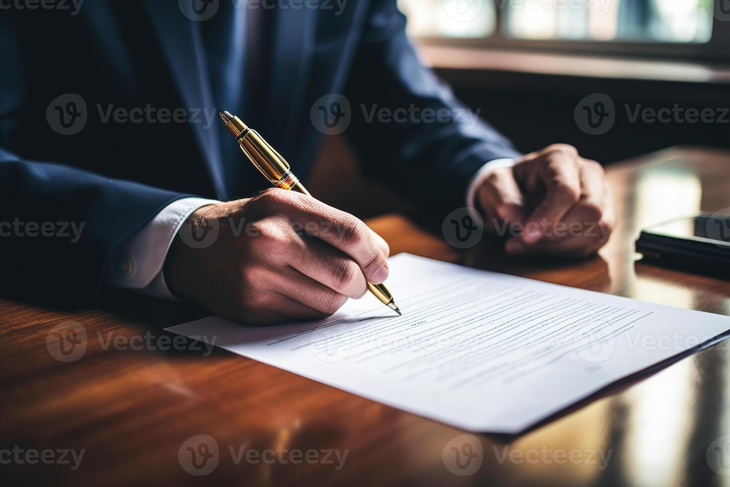 ai généré mains de une homme dans affaires costume et blanc chemise signature une papier avec une d'or stylo à une travail en bois table photo