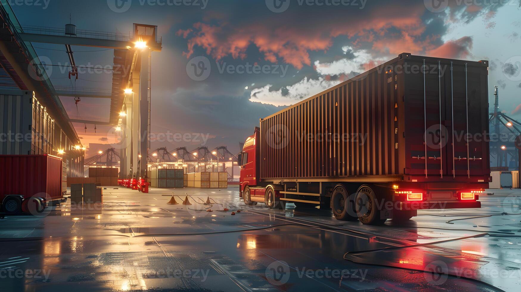 ai généré un camion bande annonce sur le jetée dans le cargaison Port Terminal avec grues et conteneurs. ai généré photo