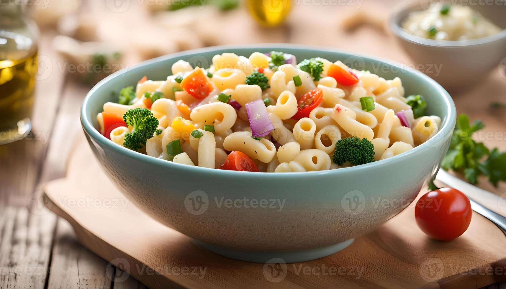 ai généré macaroni salade avec coude Pâtes et des légumes dans bol photo
