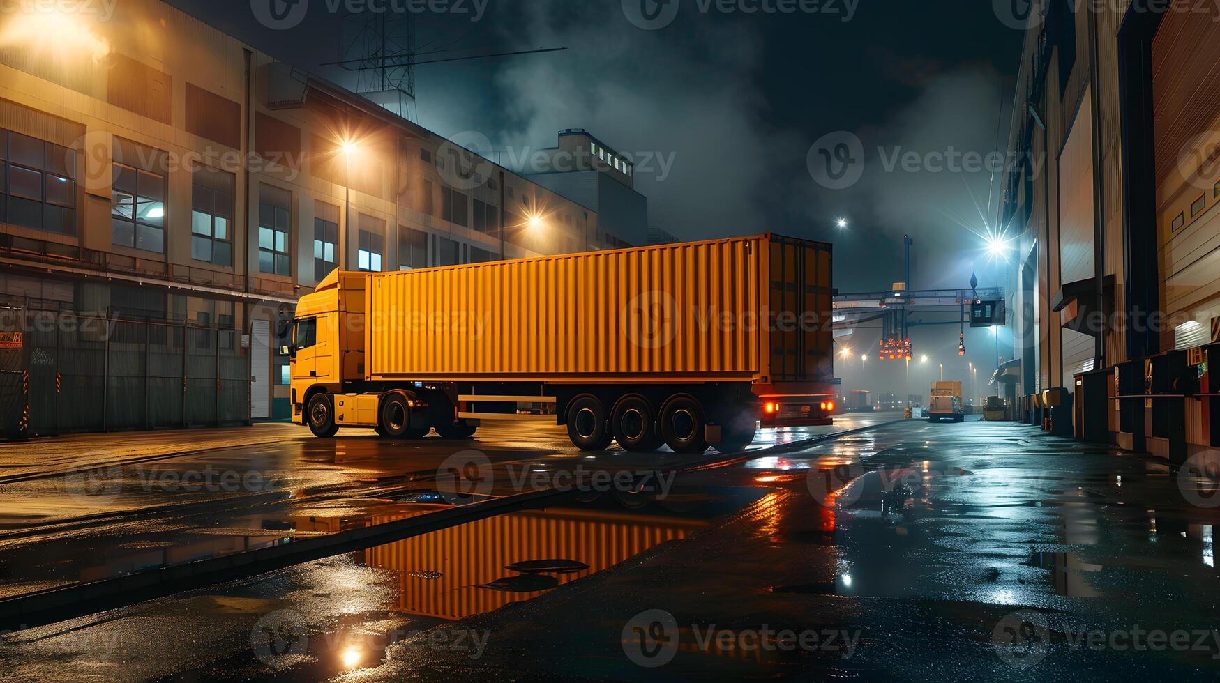 ai généré un camion bande annonce sur le jetée dans le cargaison Port Terminal avec grues et conteneurs. ai généré photo