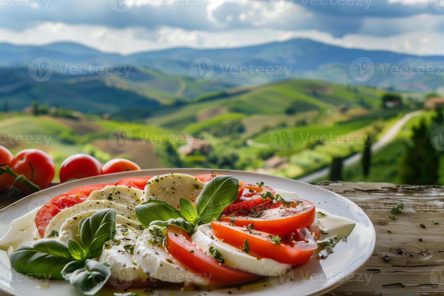 ai généré caprese salade avec le roulant collines de toscane derrière - Frais italien cuisine Al fresque photo