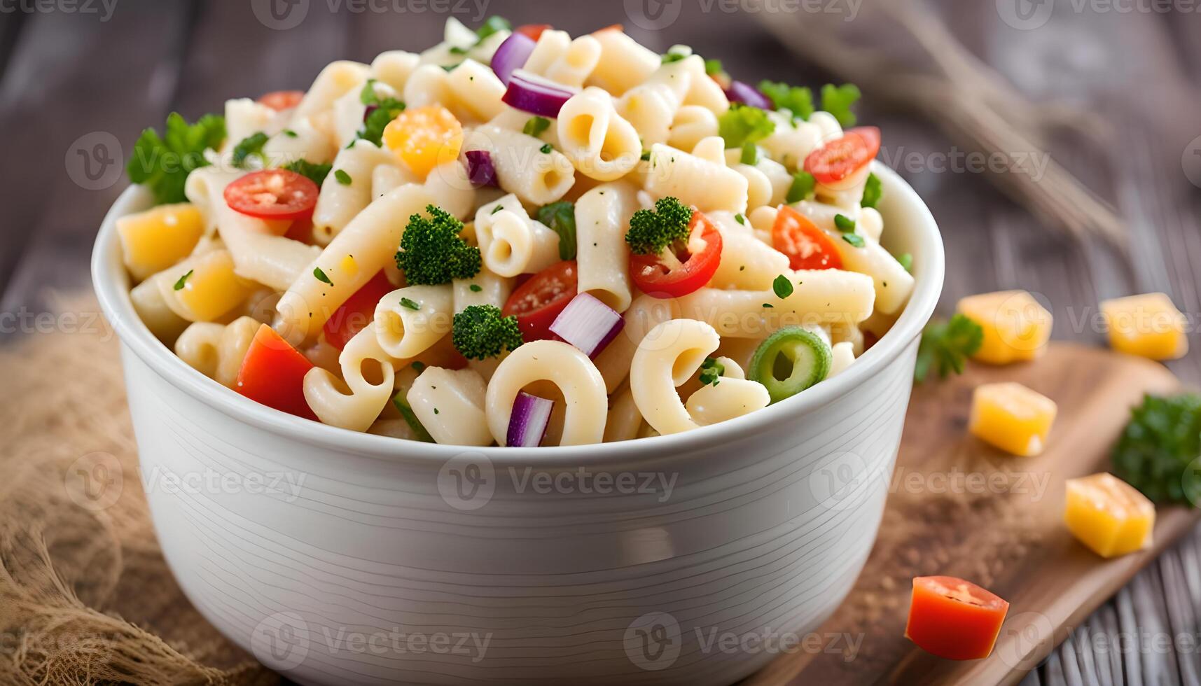 ai généré macaroni salade avec coude Pâtes et des légumes dans bol photo