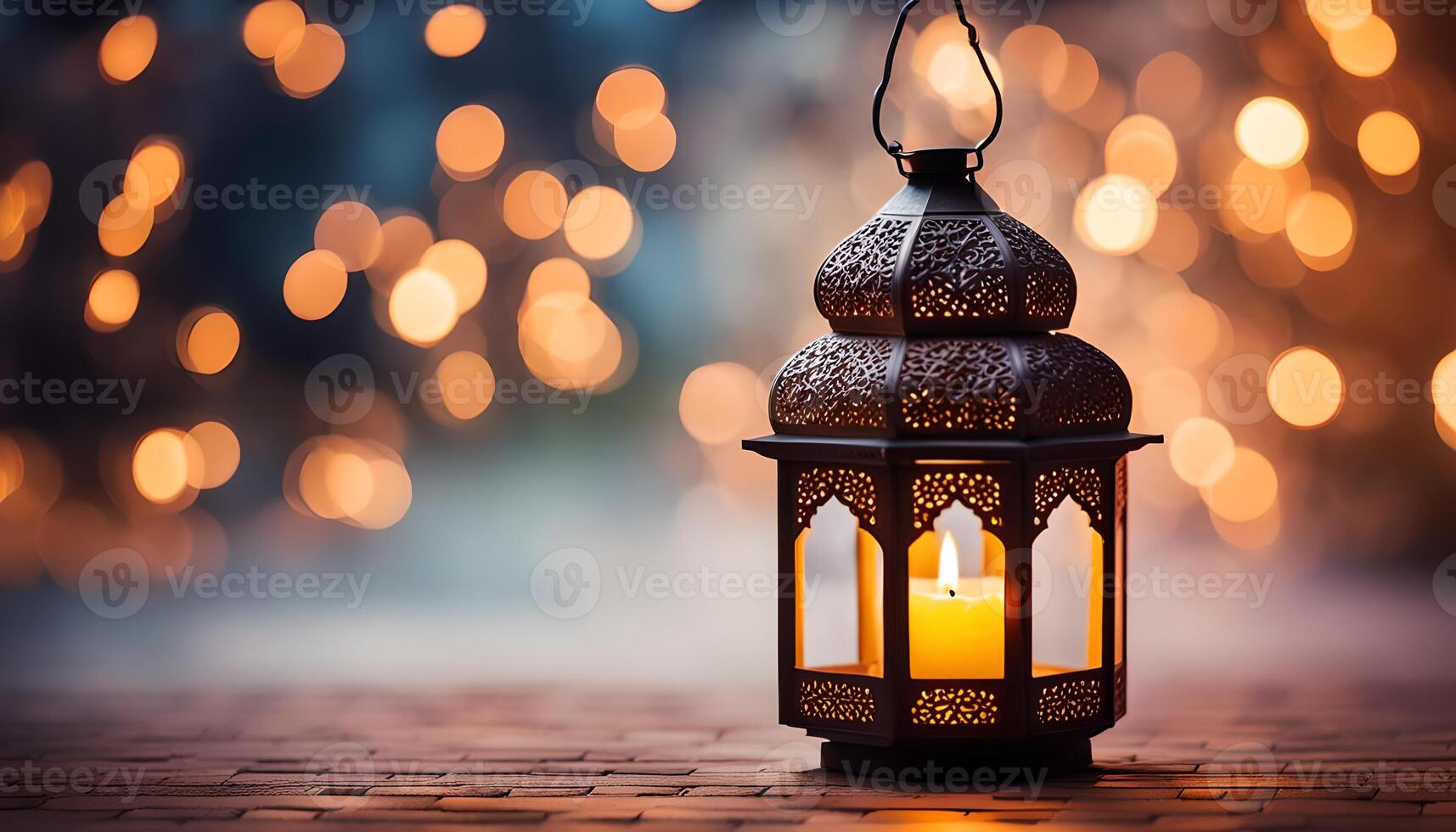 ai généré ornemental arabe lanterne avec brûlant bougie embrasé à nuit. photo