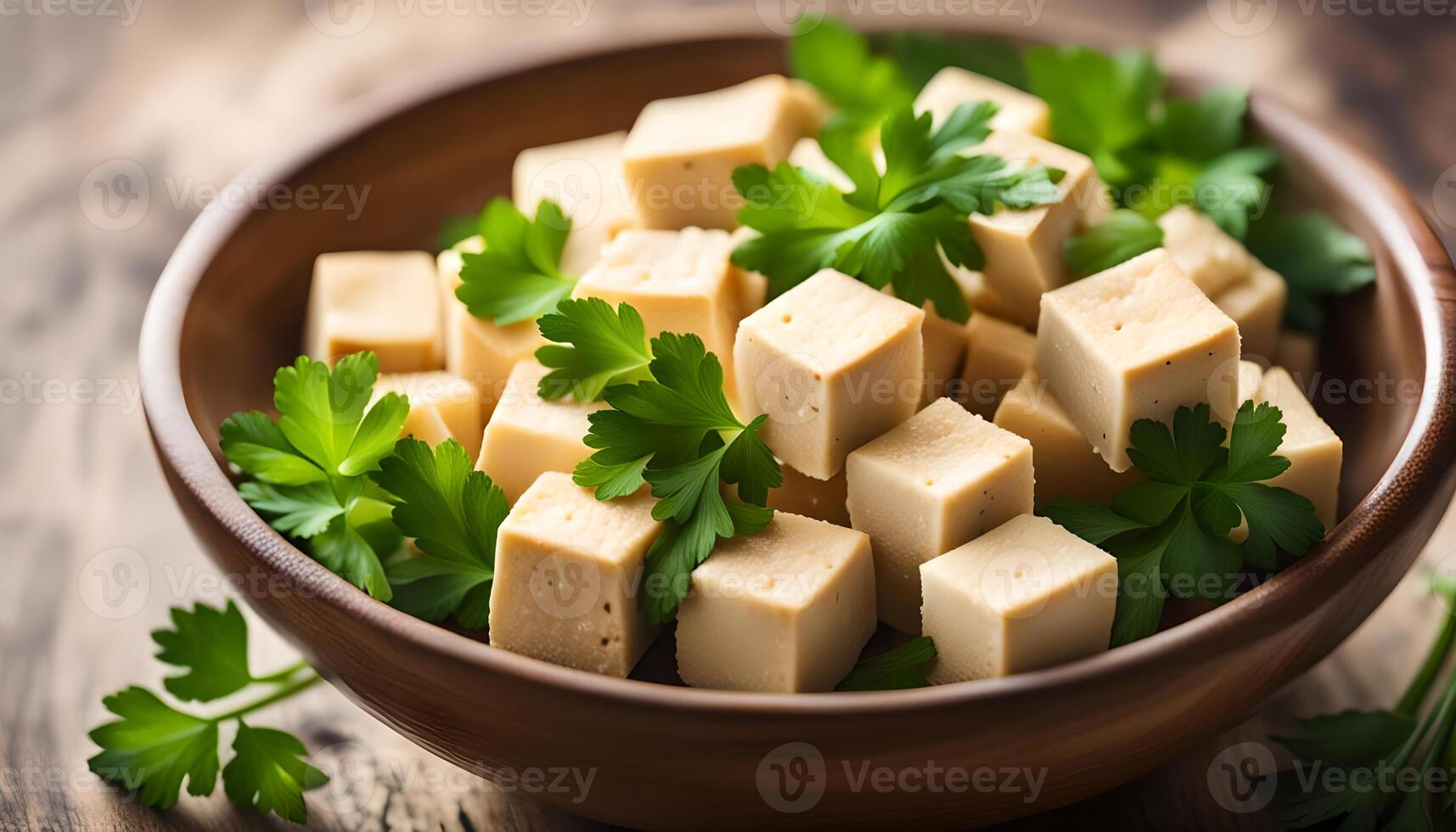 ai généré Tofu cubes dans bol et persil photo