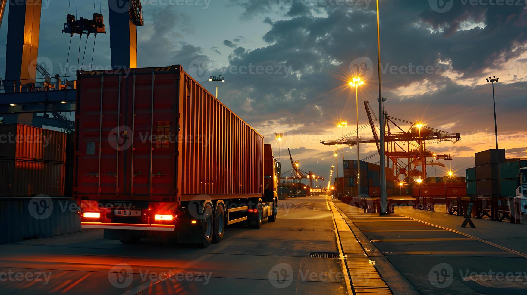 ai généré un camion bande annonce sur le jetée dans le cargaison Port Terminal avec grues et conteneurs. ai généré photo