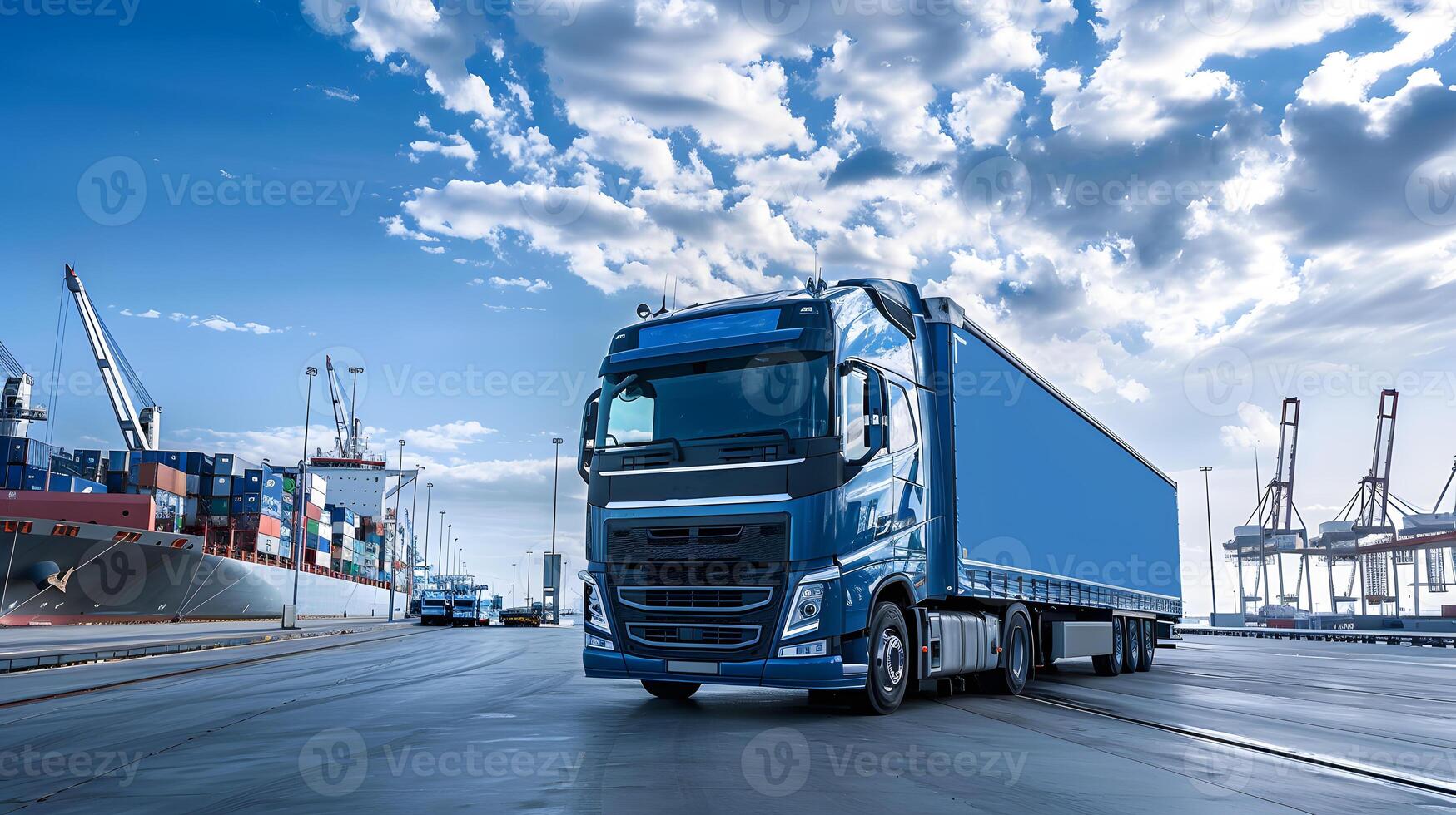 ai généré un camion bande annonce sur le jetée dans le cargaison Port Terminal avec grues et conteneurs. ai généré photo