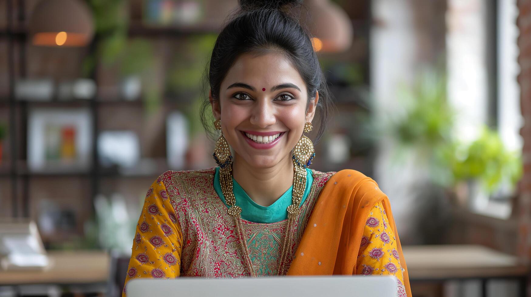 ai généré portrait de une magnifique Jeune femme travail en utilisant ordinateur portable concentré et souriant photo