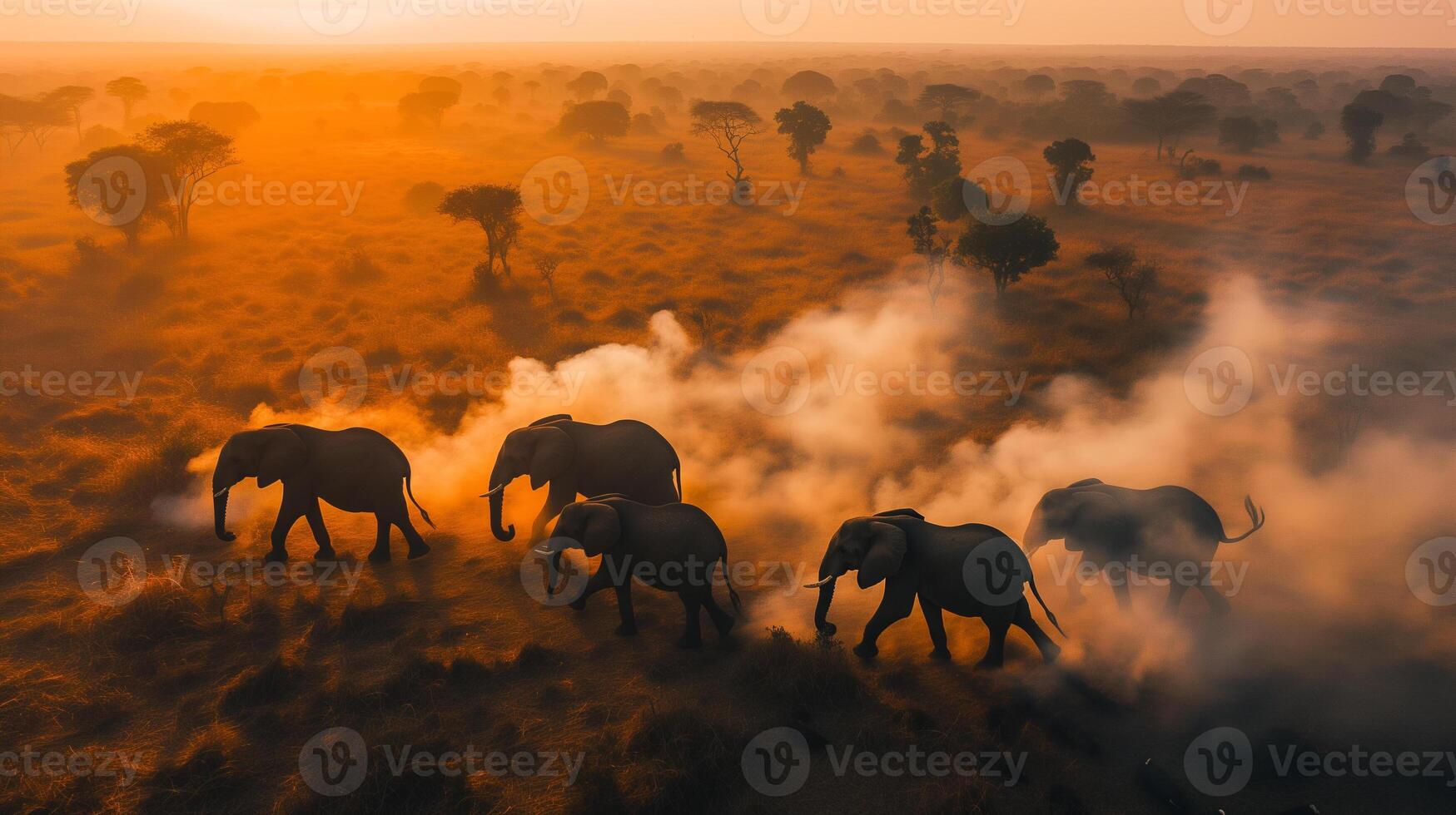 ai généré une troupeau de éléphants sont en marchant par une champ de grand herbe photo