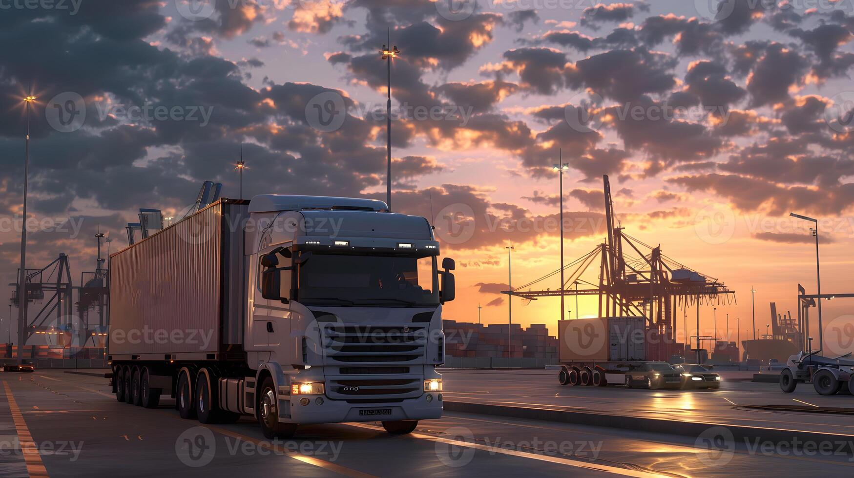 ai généré un camion bande annonce sur le jetée dans le cargaison Port Terminal avec grues et conteneurs. ai généré photo