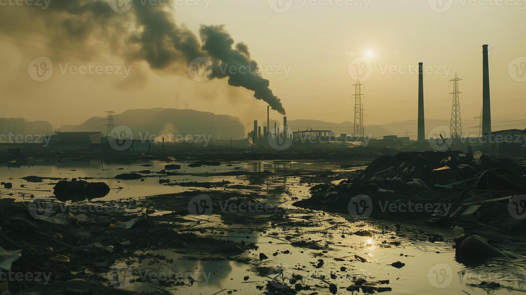 une pollué ville avec une grand montant de fumée et une Soleil dans le Contexte photo