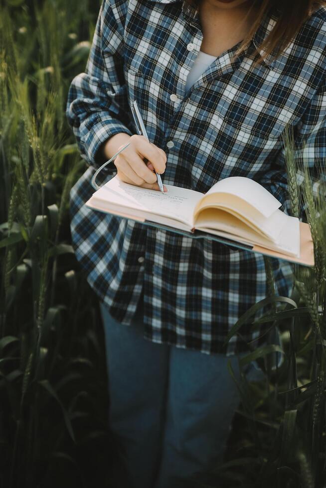 intelligent cultiver. agriculteur avec tablette dans le champ. agriculture, jardinage ou écologie concept. récolte. agro entreprise. photo