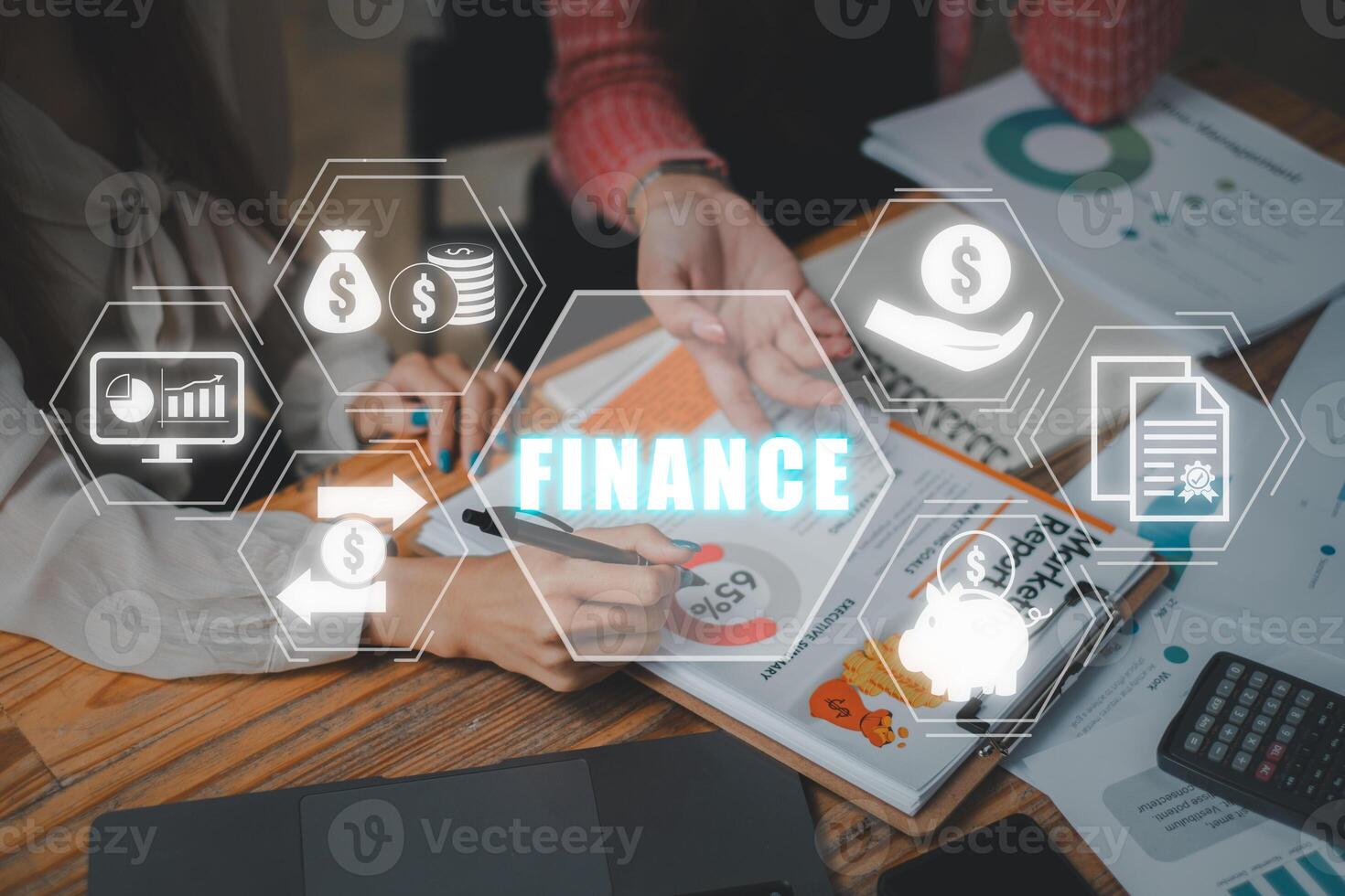 la finance concept, affaires équipe en cours d'analyse le revenu graphiques et graphiques sur Bureau bureau avec la finance icône sur virtuel filtrer. photo