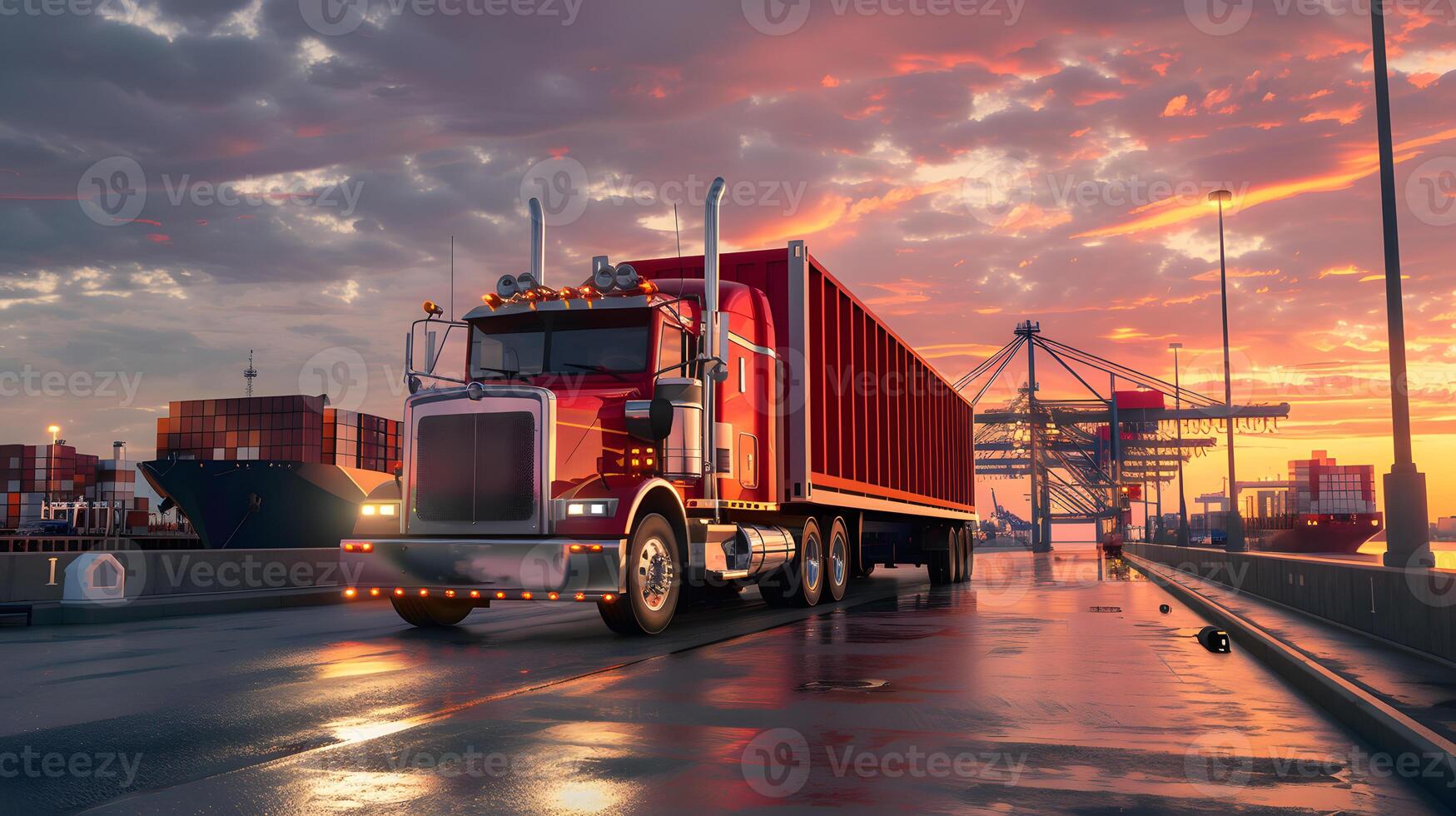 ai généré un camion bande annonce sur le jetée dans le cargaison Port Terminal avec grues et conteneurs. ai généré photo