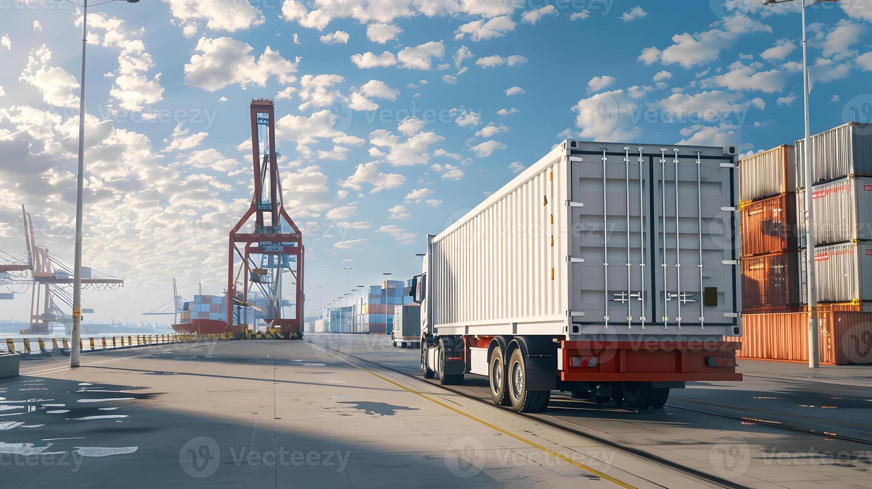 ai généré un camion bande annonce sur le jetée dans le cargaison Port Terminal avec grues et conteneurs. ai généré photo