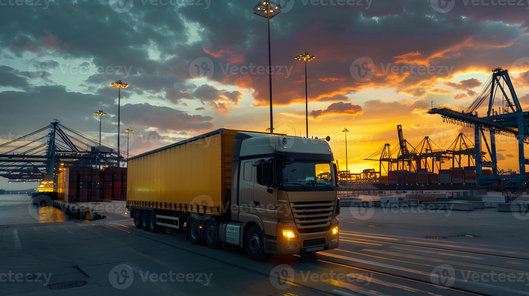 ai généré un camion bande annonce sur le jetée dans le cargaison Port Terminal avec grues et conteneurs. ai généré photo