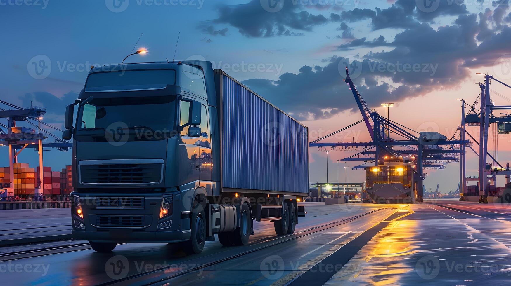 ai généré un camion bande annonce sur le jetée dans le cargaison Port Terminal avec grues et conteneurs. ai généré photo