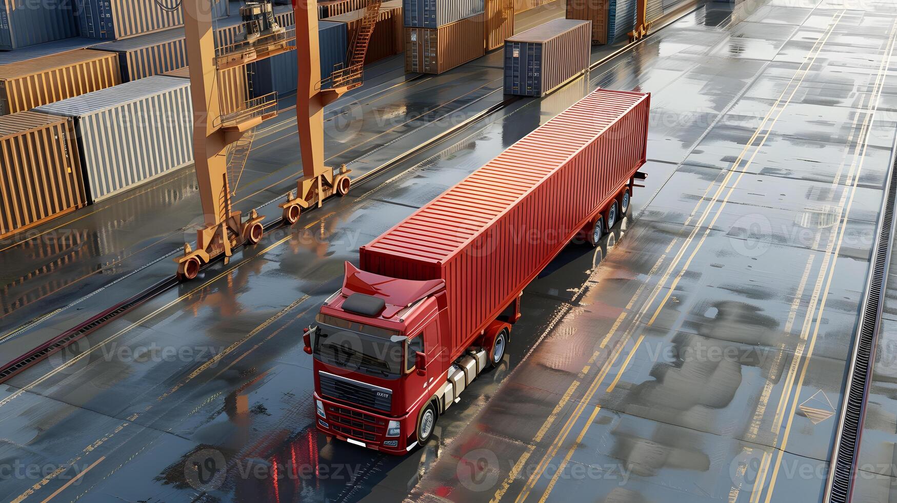 ai généré un camion bande annonce sur le jetée dans le cargaison Port Terminal avec grues et conteneurs. ai généré photo