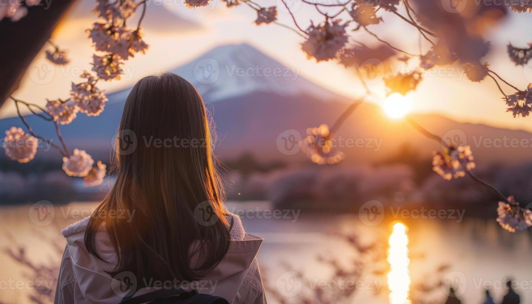 ai généré touristique à la recherche à Fuji Montagne et Cerise fleur dans printemps. génératif ai photo