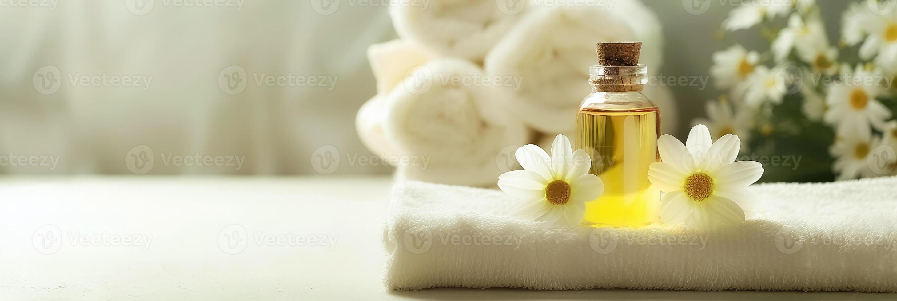 ai généré apaisant spa bannière avec essentiel huile, Frais marguerites, et duveteux les serviettes pour bien-être, relaxation, et santé thèmes photo