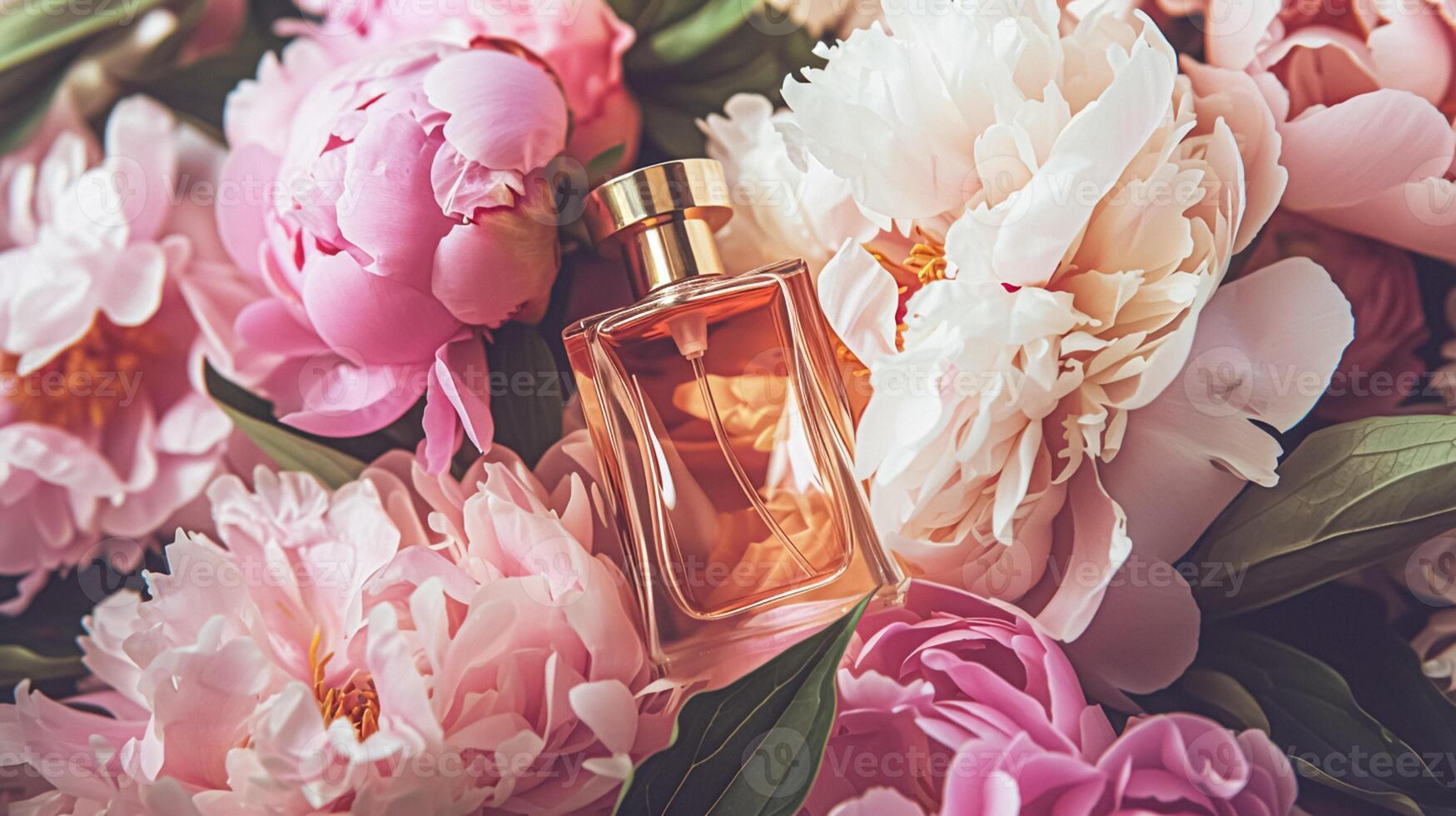 ai généré parfum bouteille dans fleurs, fragrance sur épanouissement arrière-plan, floral parfum et cosmétique produit photo