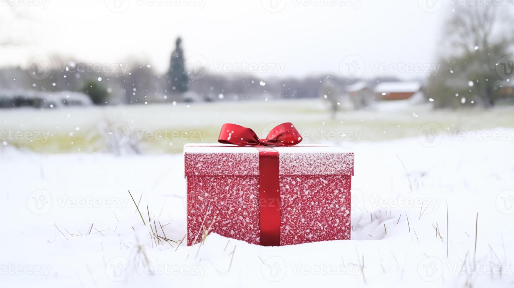 ai généré Noël vacances cadeau et cadeau, cadeau boîte dans le neige dans chute de neige hiver campagne la nature pour boxe jour, vacances achats vente photo