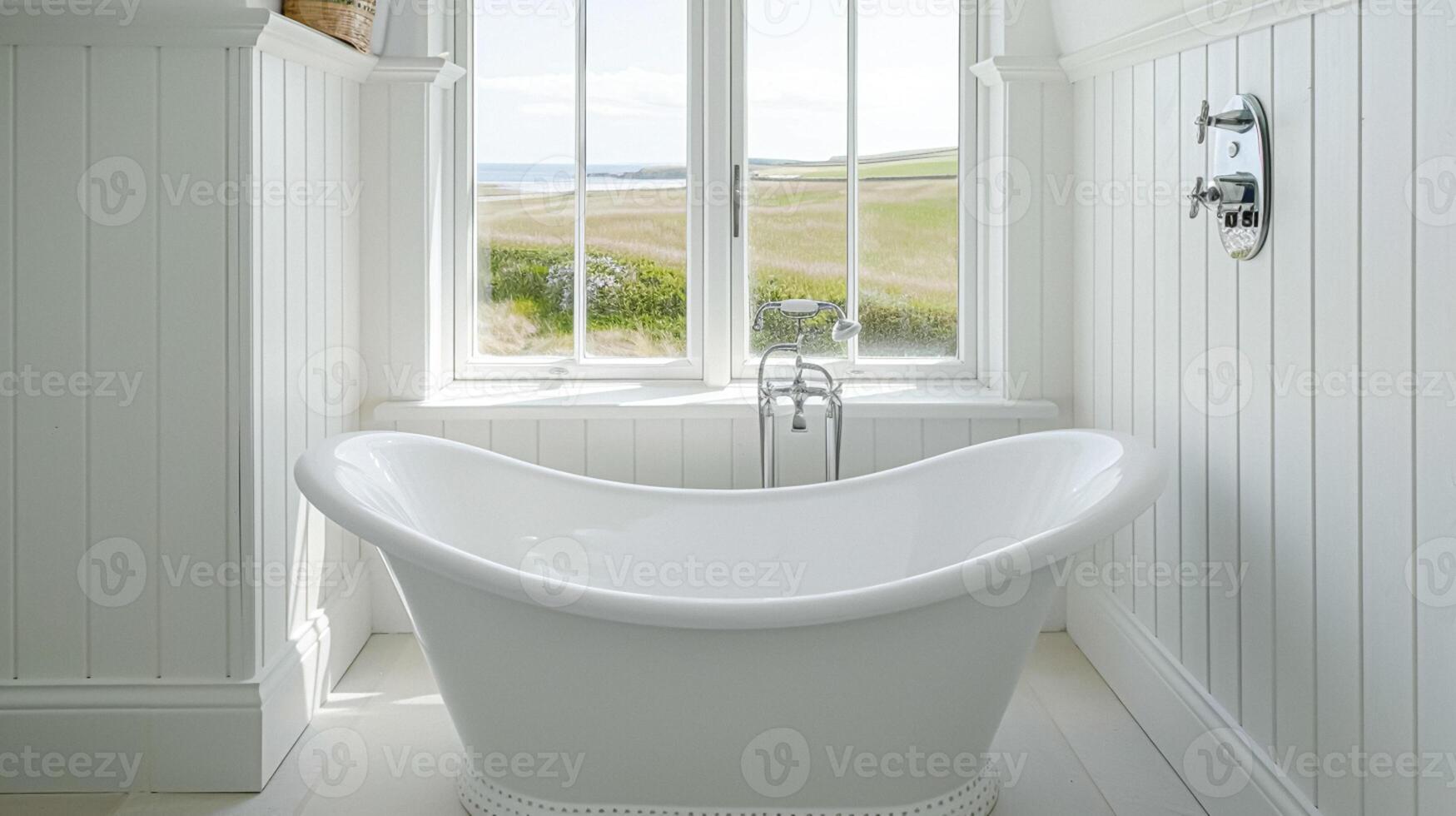 ai généré blanc chalet salle de bains décor, intérieur conception et Accueil décor, baignoire et salle de bains meubles, Anglais côtier pays maison photo