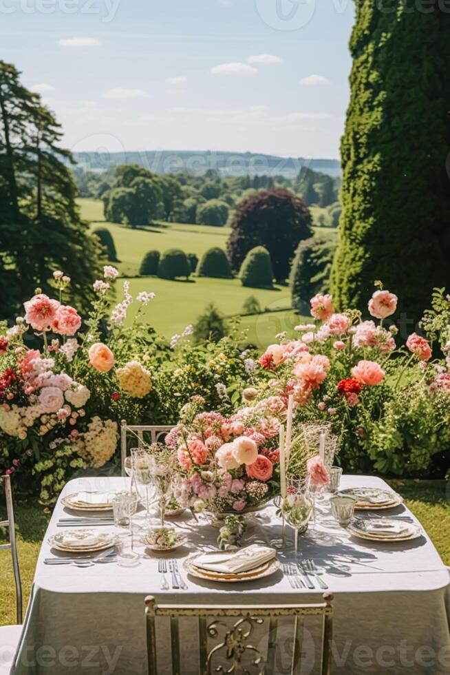 ai généré vacances paysage de table, formel dîner table paramètre, pivoine fleurs table scape avec pivoines décoration pour mariage fête et un événement fête, génératif ai photo