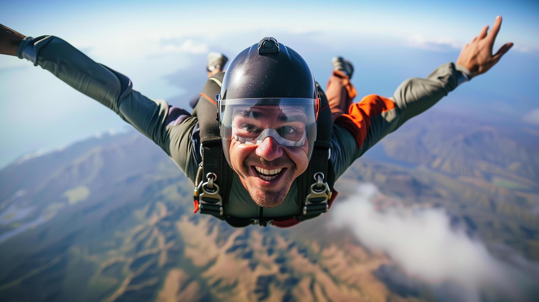 ai généré une parachutiste robe dans coloré équipement descend rapidement de le ciel. génératif ai. photo