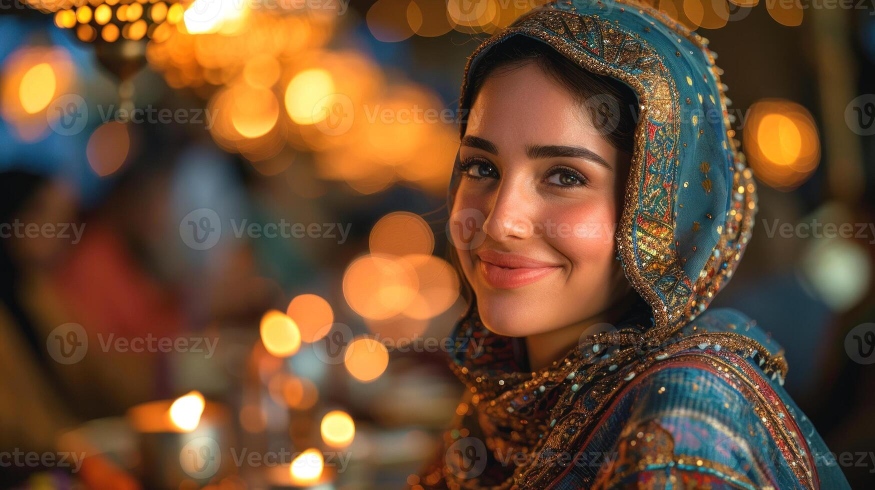 ai généré ai génératif photo de une content musulman femme avec Ramadan lanternes dans des rues