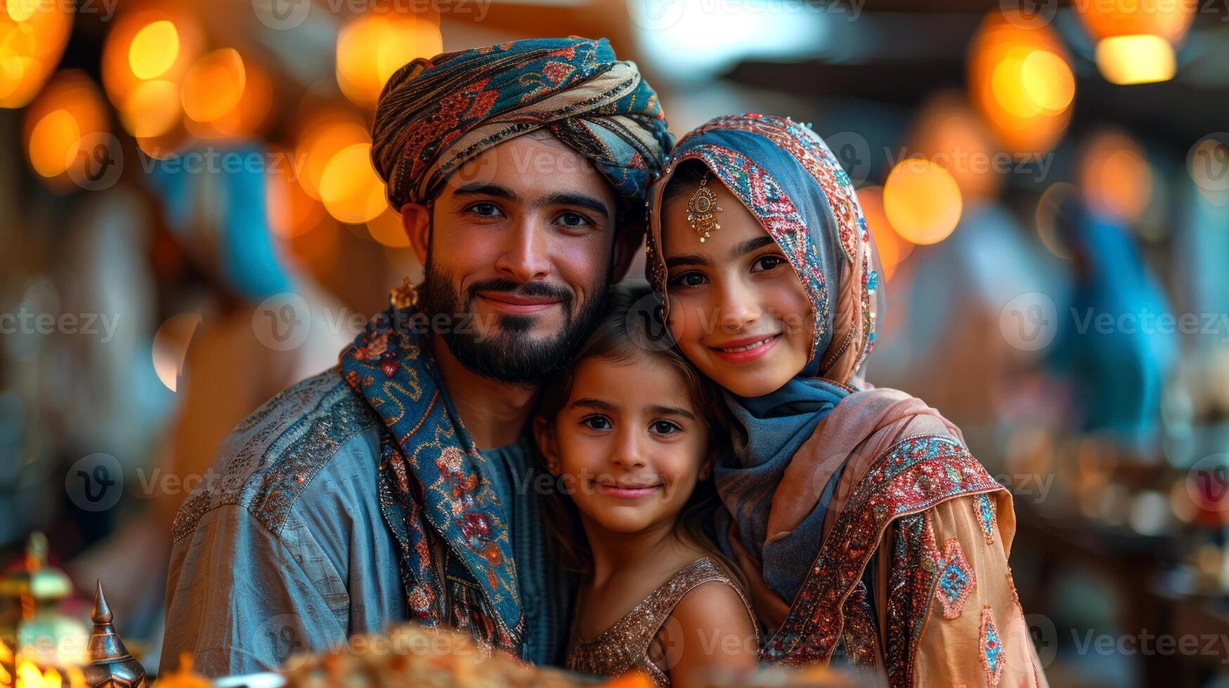 ai généré ai génératif photo de une content musulman famille avec Ramadan lanternes dans des rues