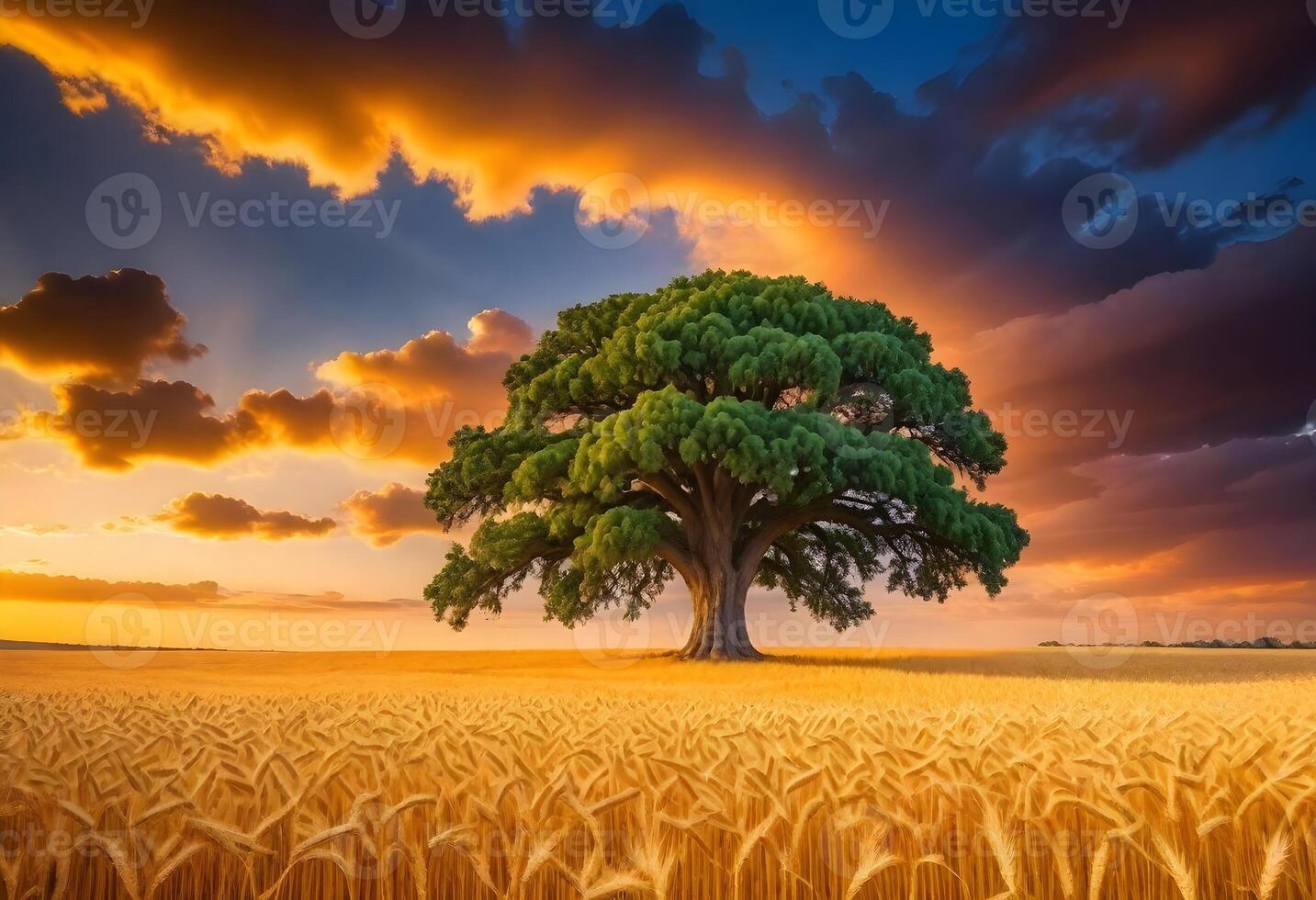 ai généré large angle coup de une Célibataire arbre croissance en dessous de une assombri ciel pendant une le coucher du soleil entouré par herbe photo