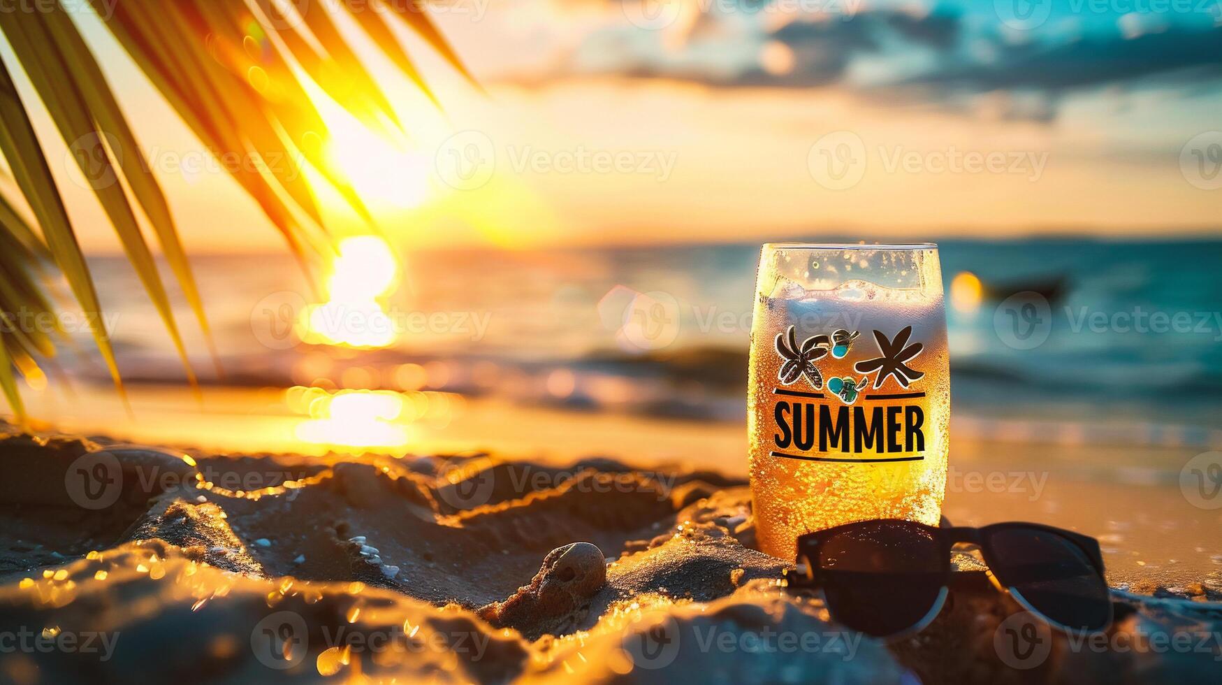 ai généré bouteille de été sur le plage à le coucher du soleil photo