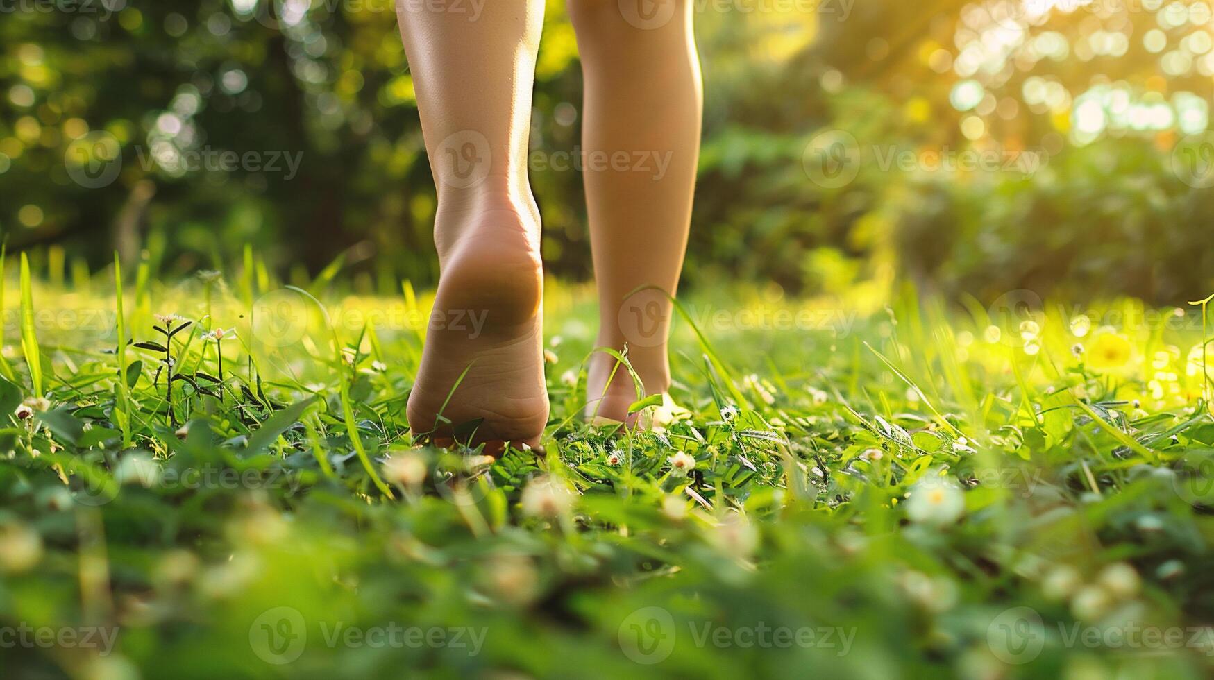 ai généré proche en haut de femme jambes en marchant sur vert herbe dans le parc. photo