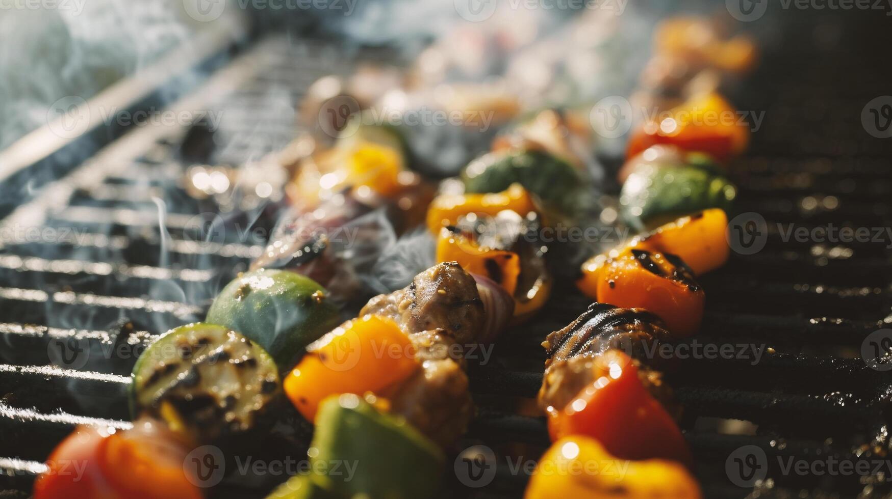 ai généré fermer de grillé des légumes étant cuit sur barbecue gril avec des étincelles et flammes photo