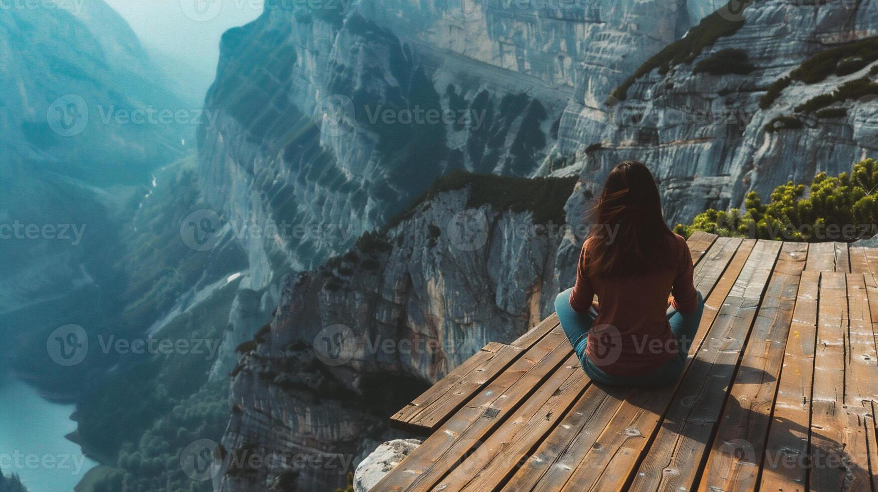 ai généré Jeune femme séance sur le bord de une falaise et profiter le vue photo