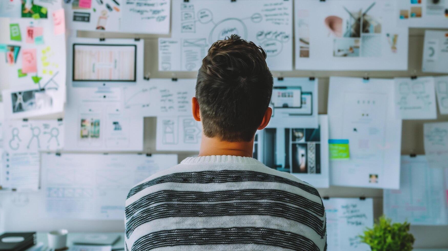 ai généré arrière vue de Jeune Masculin designer permanent dans Bureau et travail sur Nouveau projet photo