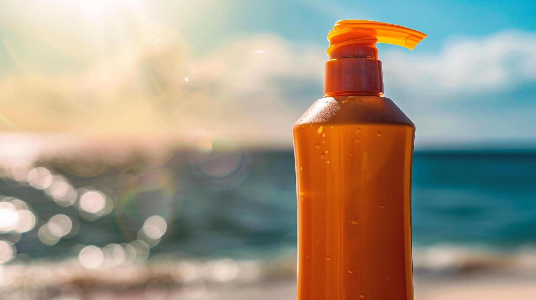 ai généré crème solaire bouteille sur le plage à le coucher du soleil temps. Soleil protection concept photo