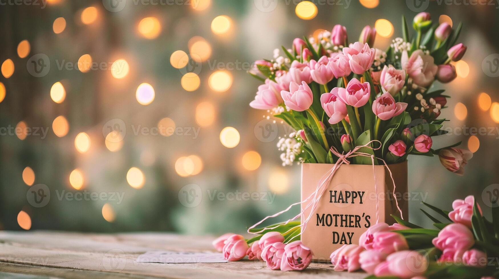 ai généré bouquet de tulipes dans une vase et le une inscription content de la mère journée photo