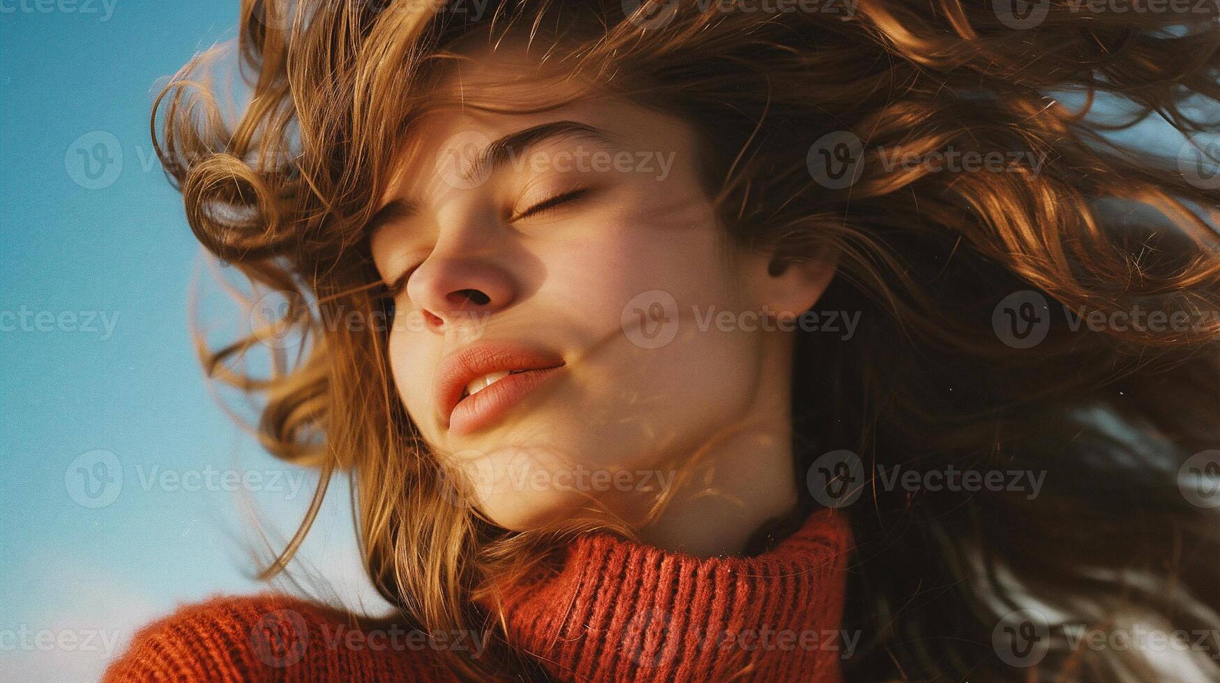 ai généré portrait de une Jeune magnifique fille dans une rouge chandail sur une Contexte de bleu ciel photo