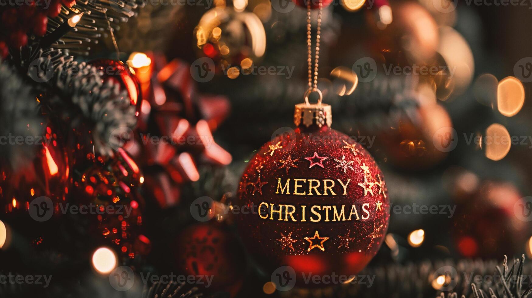 ai généré Noël et Nouveau année salutation carte. décoré Noël arbre avec rouge et d'or babioles et lumières. photo